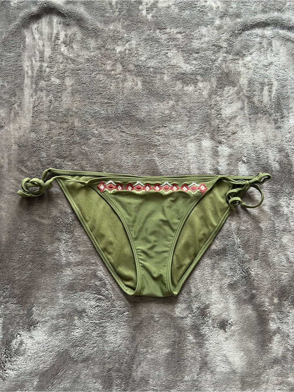 Hollister Olive Green Bikini Bottom with Red & Pink Embroidery